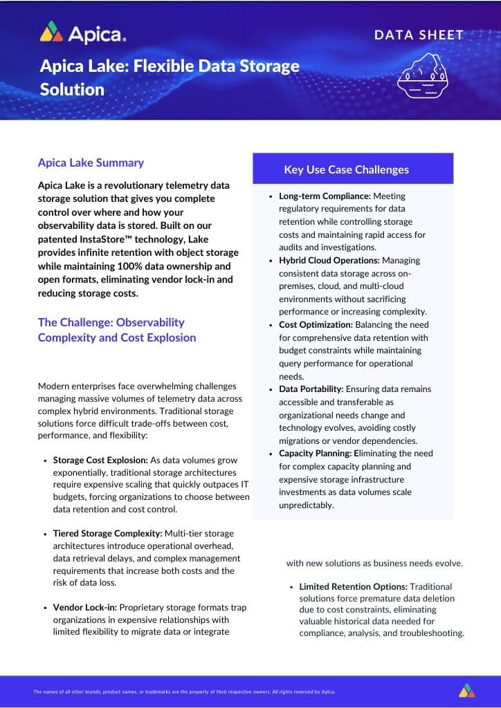 Product briefs, technical briefs, data sheets of Apica & its capabilities 21 Apica Lake Flexible Data Storage Solution (Data Sheet)